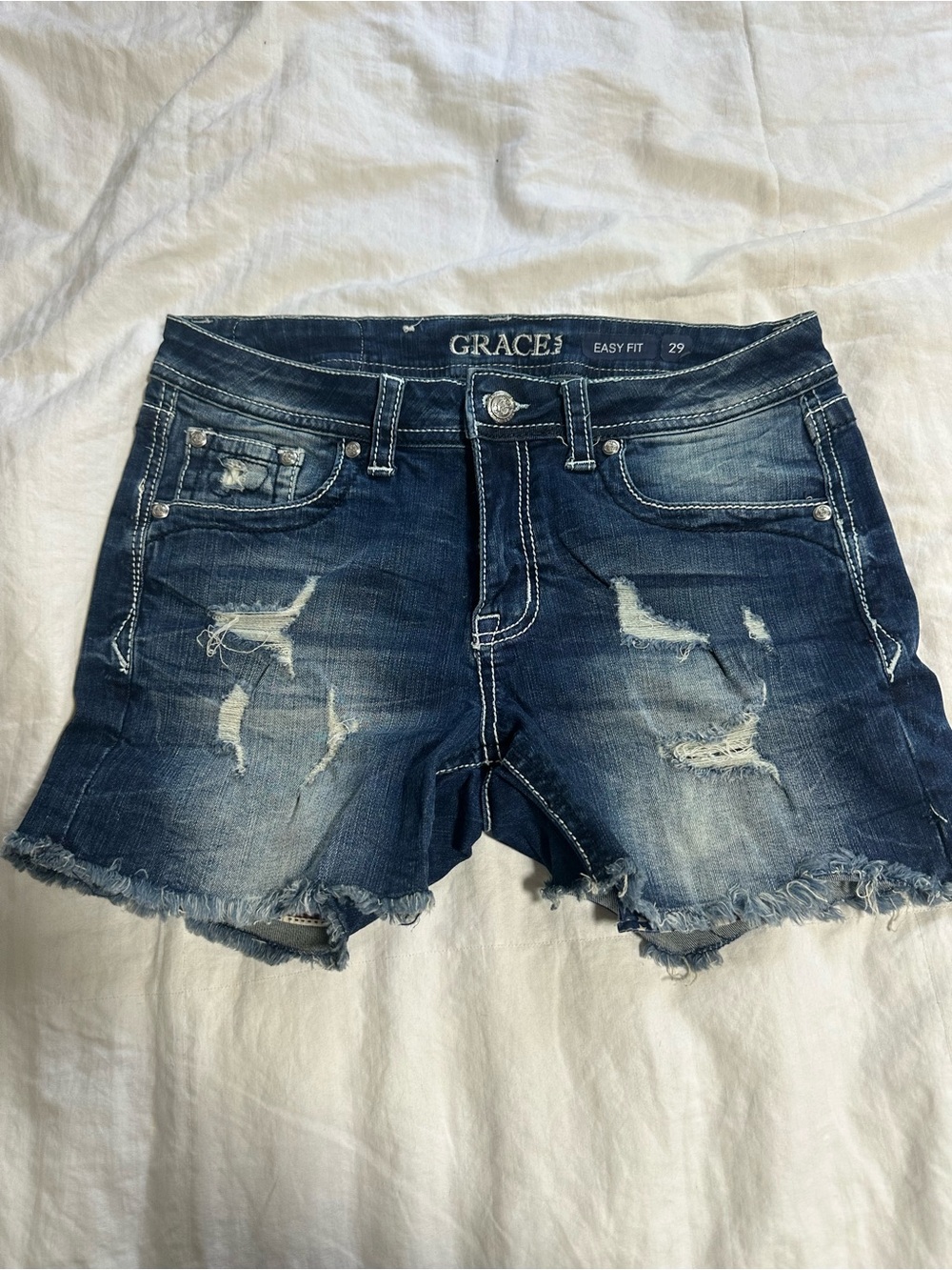 Grace Distressed Dark Blue Denim Cutoff Shorts